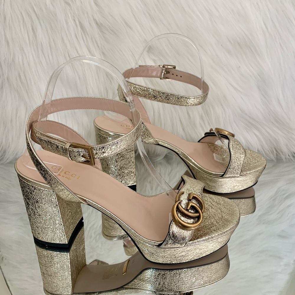 Gucci Gold Marmont Double G Platform Sandals - Picture 5 of 11